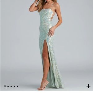 blue sequin lace up prom dress